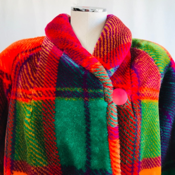 Monterey Fashions VTG Women's Rainbow Plaid Faux Fur Coat/Jacket Size Med Petite - Picture 2 of 13